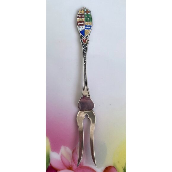 Vintage Canadian Souvenir Sterling Cocktail pickle Fork Enamel - Picture 9 of 12
